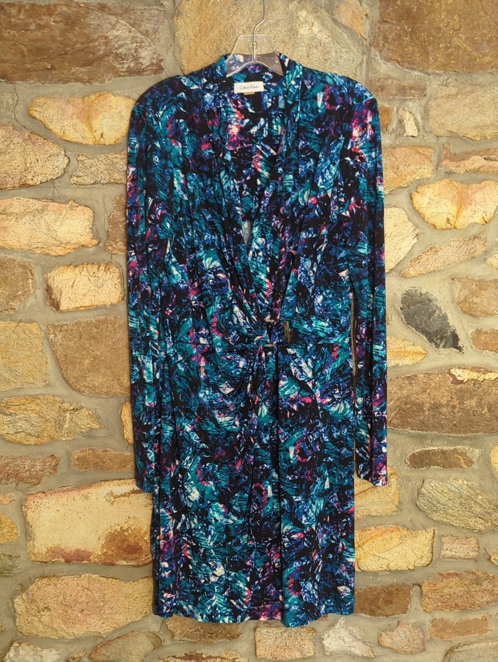 Calvin Klein Teal, Blue & Black Abstract Twist-Front Long Sleeve Dress